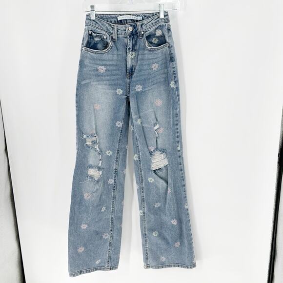 Tinseltown Floral-Peace-Print Wide-Leg Jeans deconstructed baggy festival size 1 - Picture 1 of 9